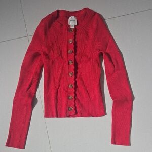 Maeve/anthropologie Red Ribbed Scalloped Cardigan